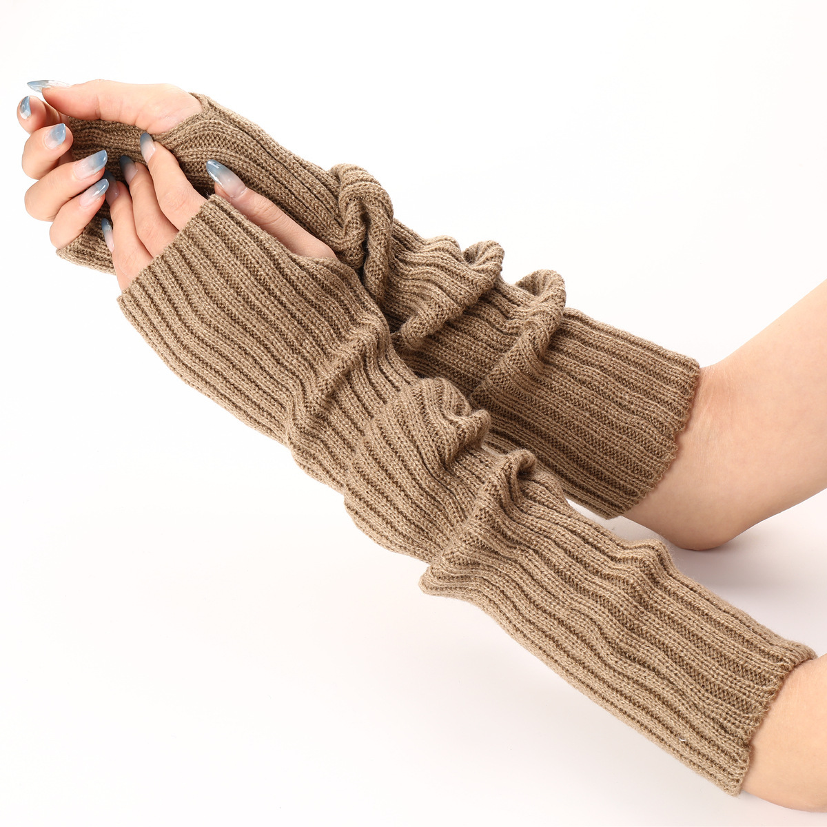 Fingerless Glove Knit - Women Long Ribbed Knit Fingerless Arm