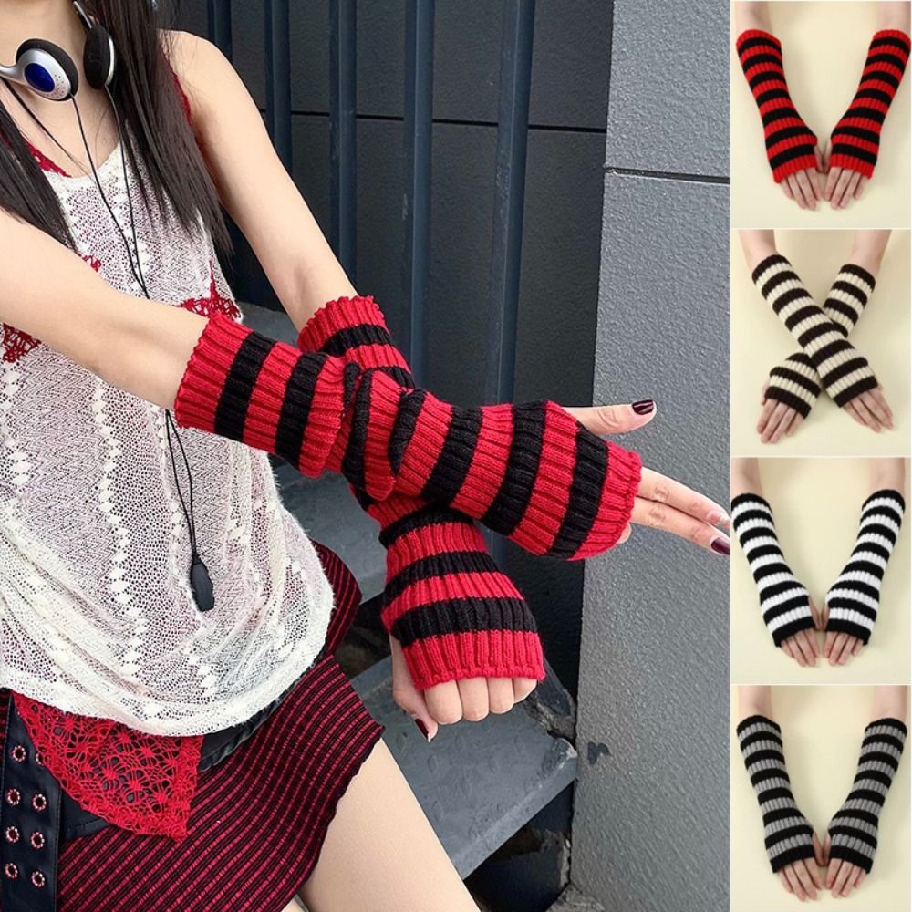 Fashion Y2K Striped Knitted Ar - Fingerless Glove Knit review and price